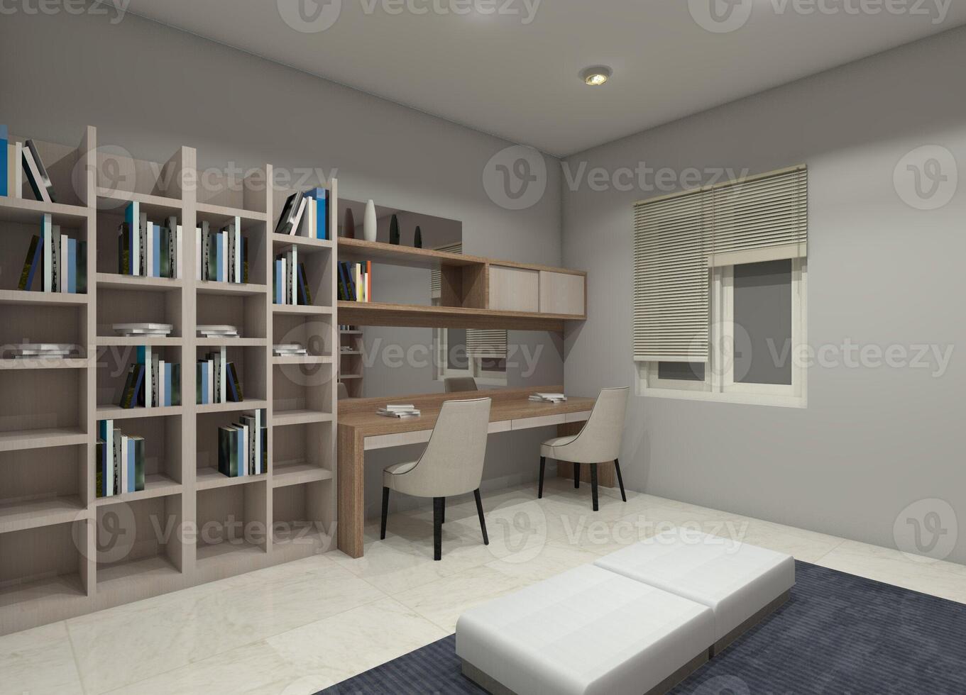 3D interior rendering of a minimalist study room with a wooden desk and upper storage cabinets, incorporating mirrored panel details and a bookshelf. photo