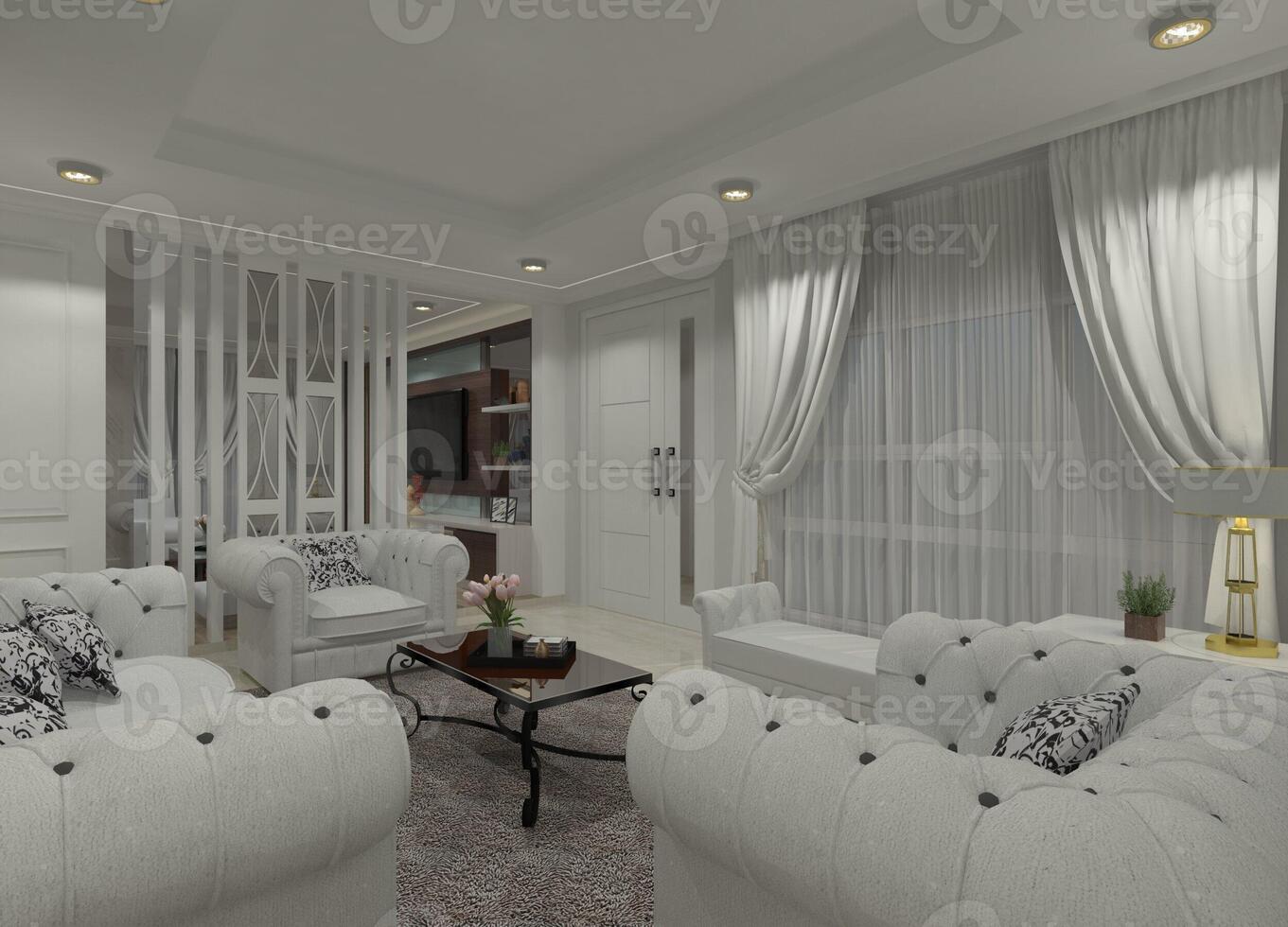 3D rendering of a classic-style living room featuring sofas and a decorative lattice screen dividing it from the family area. photo