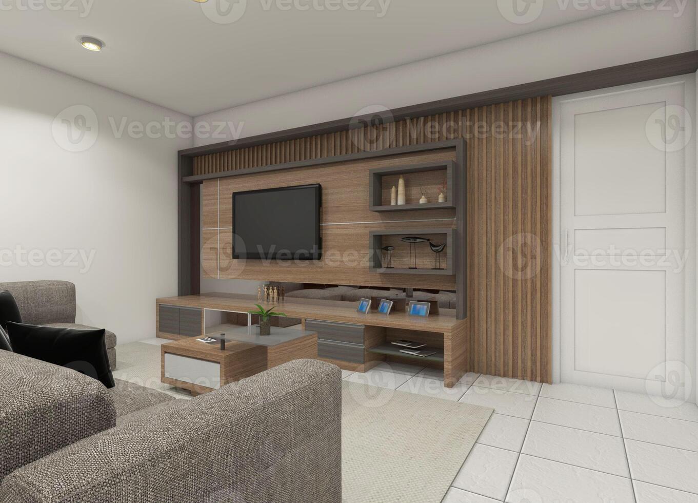 3D rendering of a wooden TV unit featuring a panel, storage drawers, and display shelves for a living room interior. photo