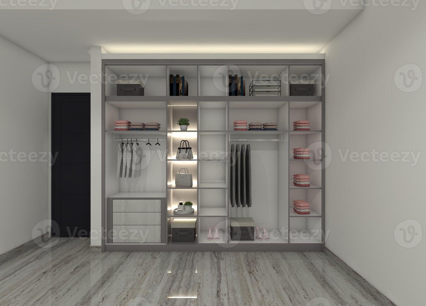 Functional 3D design of an open wardrobe with storage shelves, hanging space, and drawers. photo