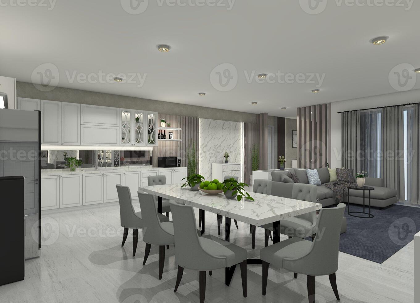 Stylish 3D modern open living space integrating the family room, kitchen, and dining room. photo