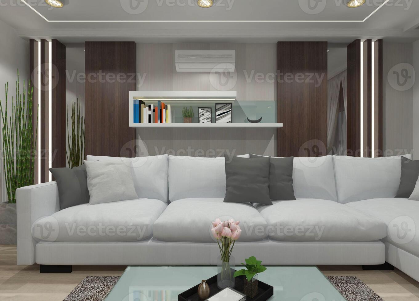 Stylish modern sofa design with comfortable seating and varied decorative wall panel options for living rooms. photo