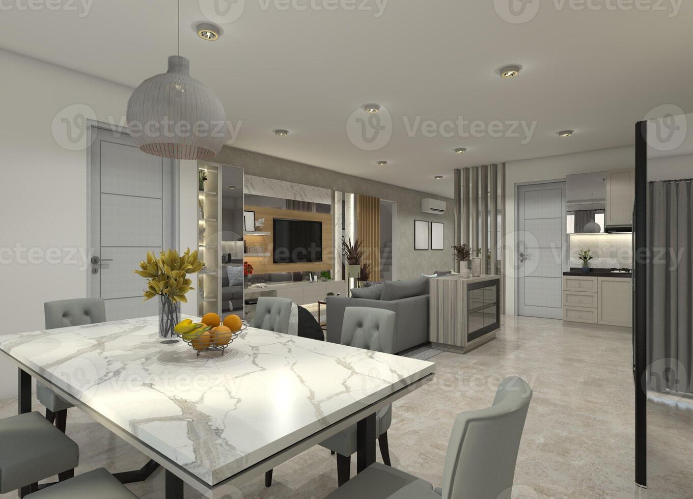 3D dining room interior design featuring a marble dining table and a living room backdrop with a TV cabinet. photo