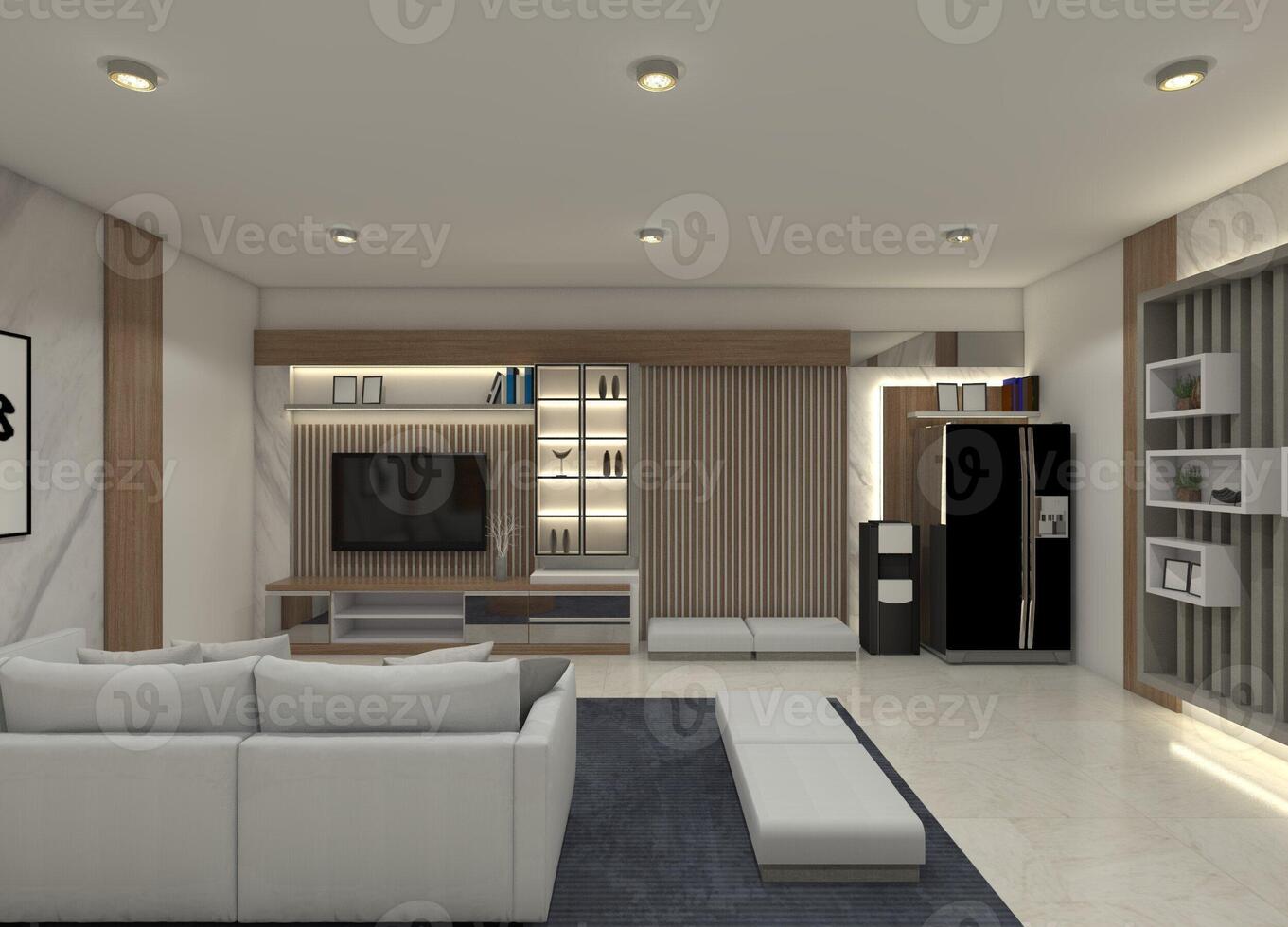3D rendering of a luxurious and modern living room interior, complete with a TV cabinet and panel, a dedicated refrigerator and beverage space, display units for accessories, and sofas photo