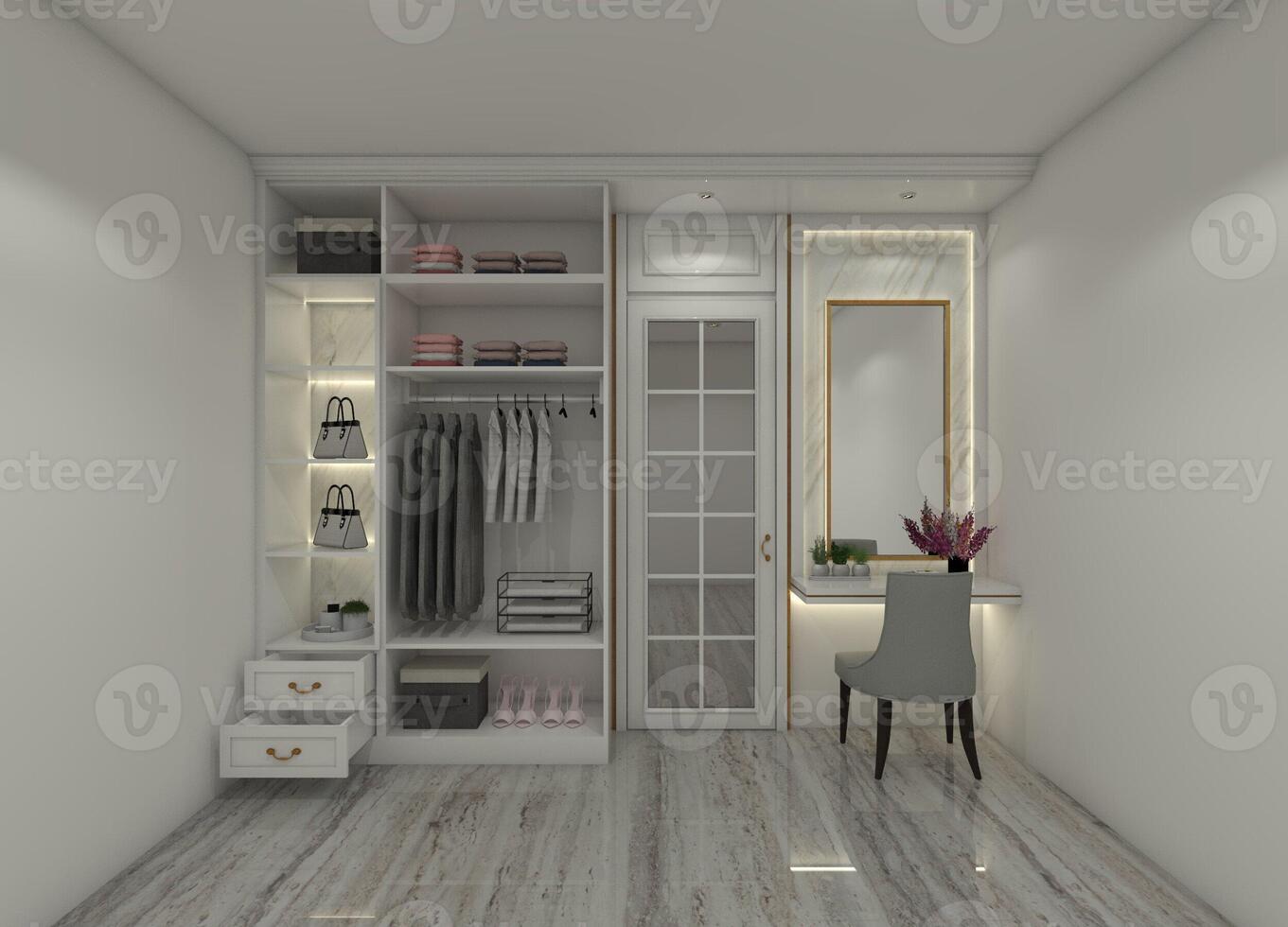 Modern and clean white 3D interior design of a walk-in closet with an open wardrobe and dressing table. photo
