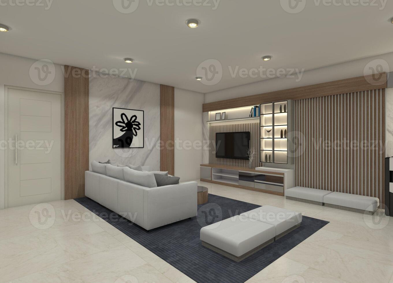 3D rendering of a modern concept interior for a living and family room. The design incorporates light-colored wooden furniture and lamp illumination photo