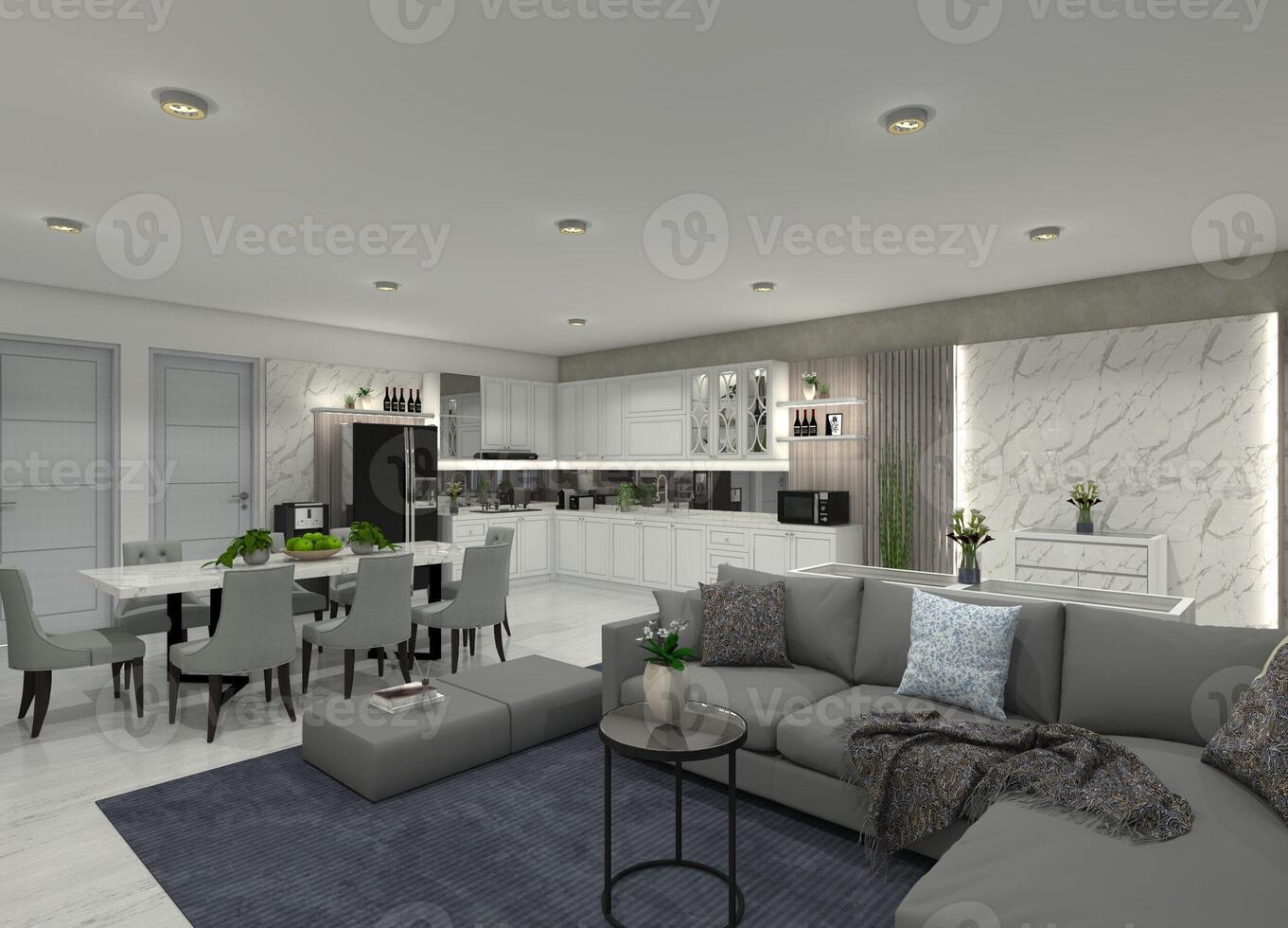 Modern 3D open-plan interior design combining a modern living room, a classic kitchen, and a dining area with a marble table. photo