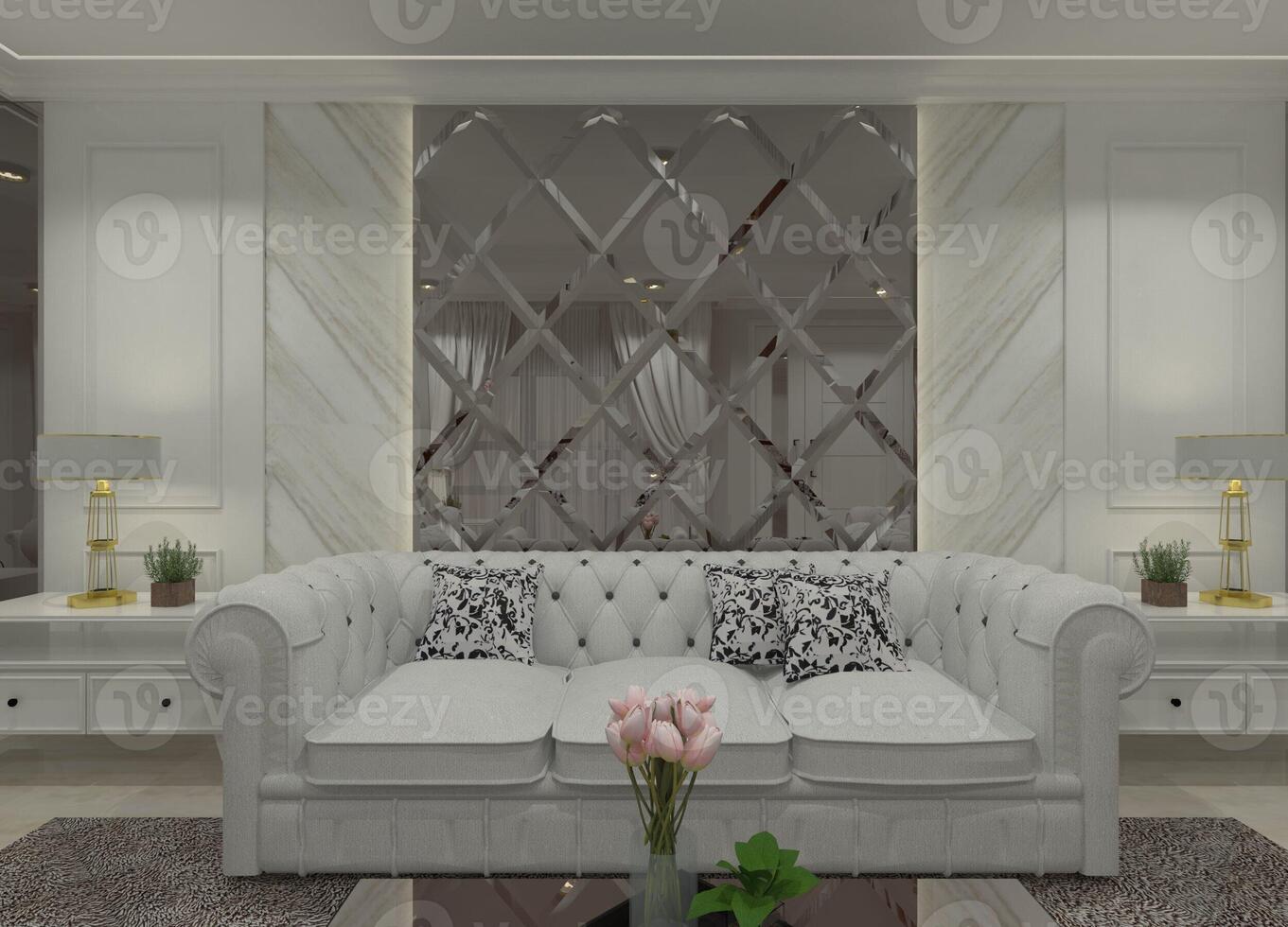 3D rendering of a classic-style sofa with decorative mirror panels as a backdrop for living room settings. photo