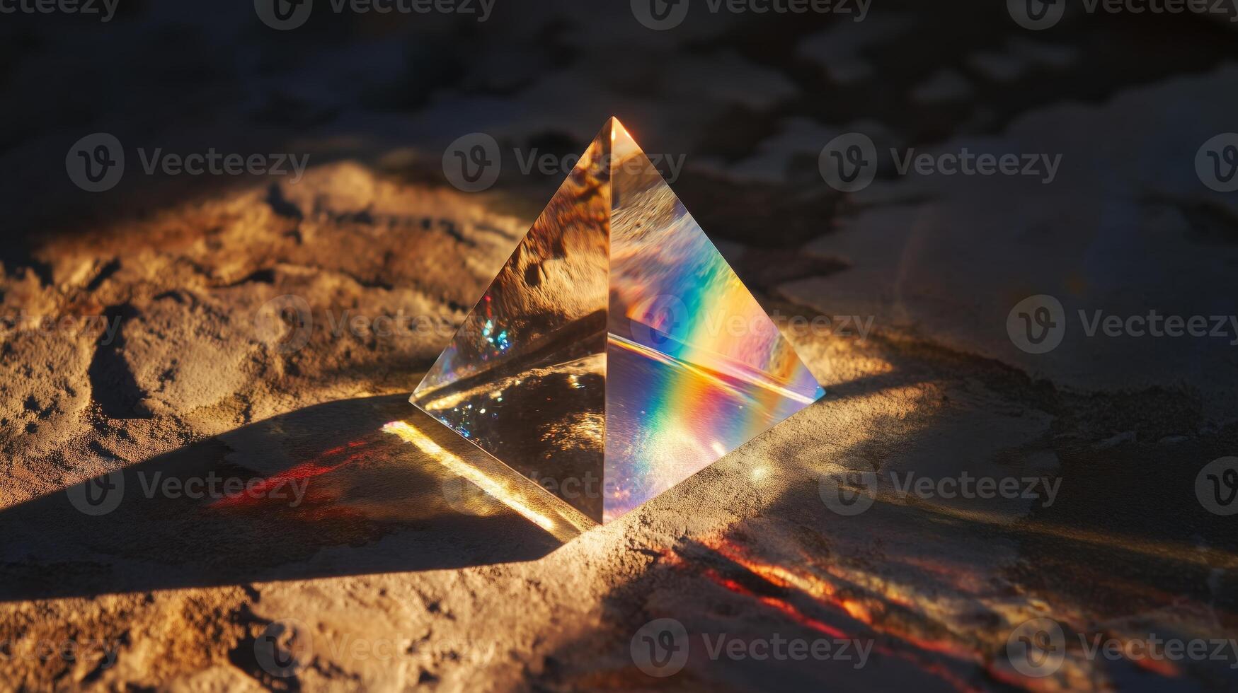 A pyramid shaped object with a rainbow colored light shining through it photo
