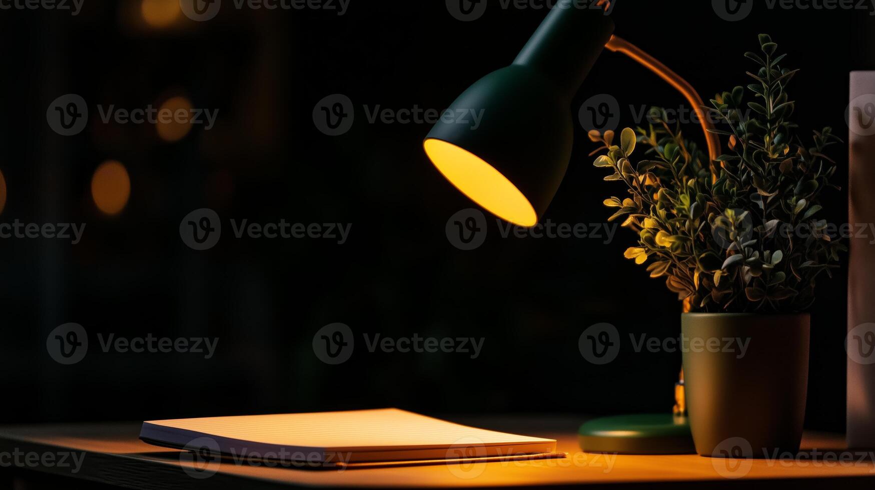 A desk lamp is on a table with a book and plant photo