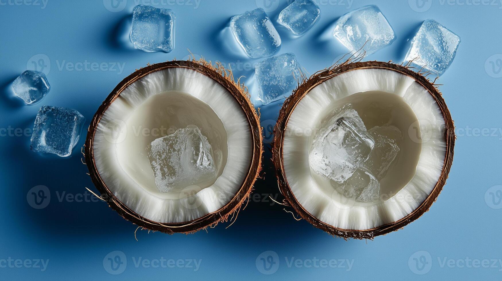 Two halves of coconut with ice cubes photo