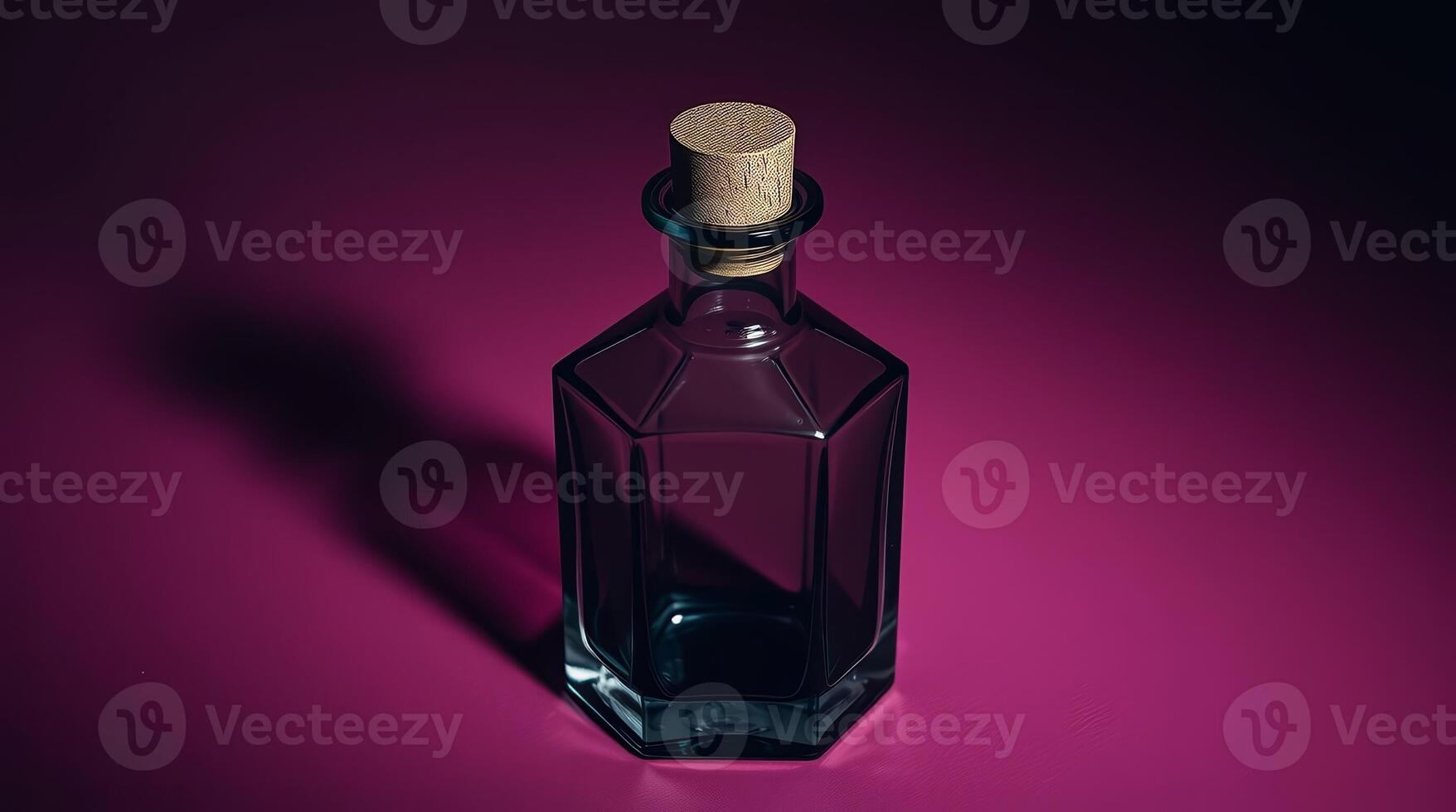 A glass bottle with a cork on top of a purple background photo
