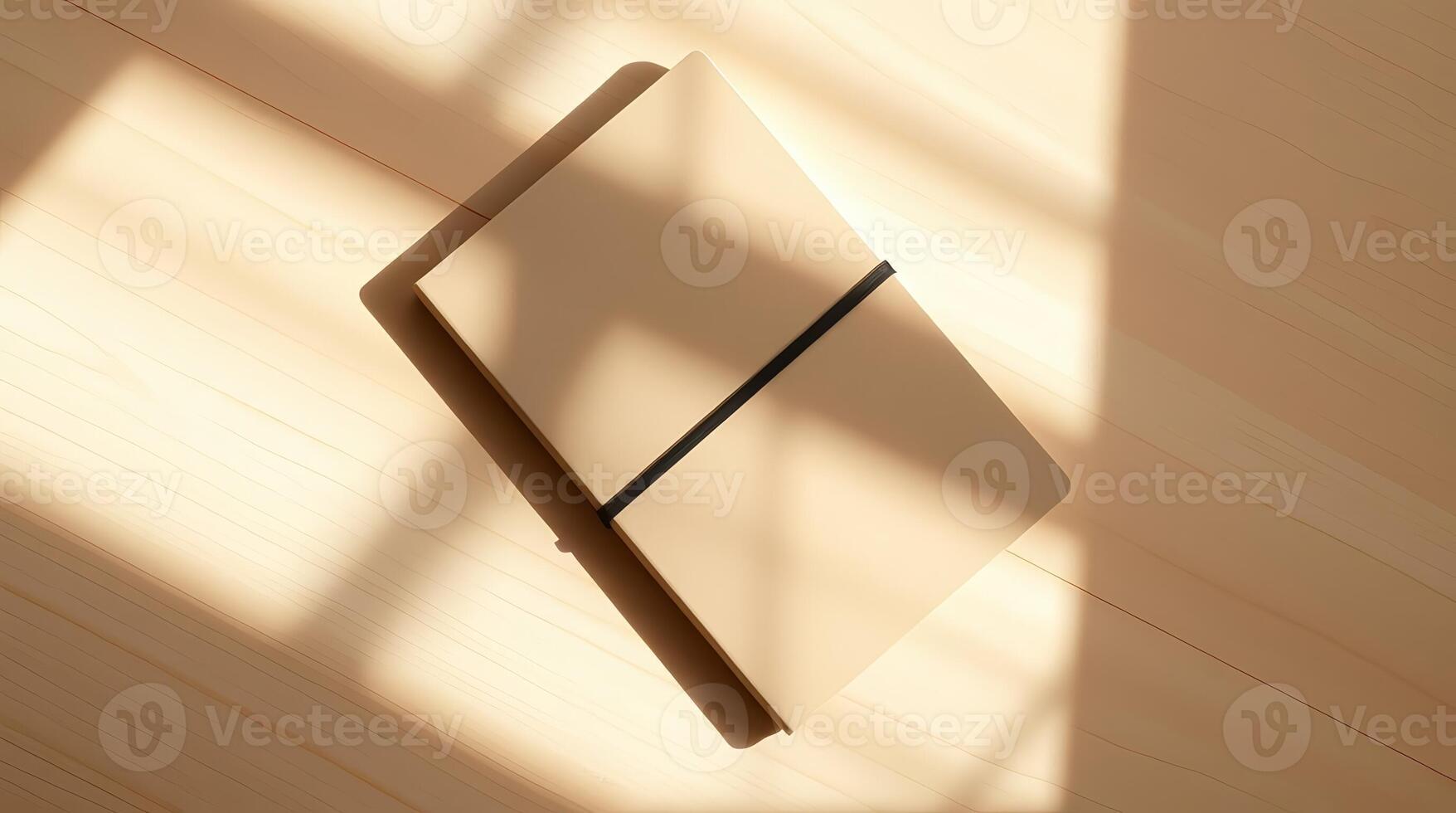 A notebook on a wooden table with sunlight shining through photo