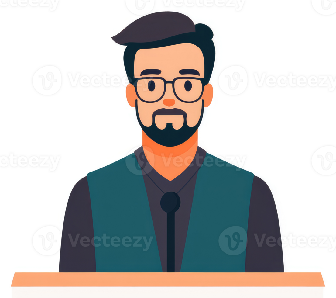 Illustration of a man with glasses, beard, and a vest. png
