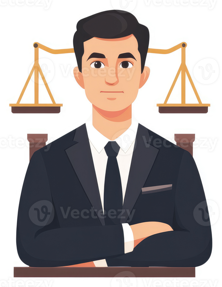 A judge in formal attire with scales of justice. png