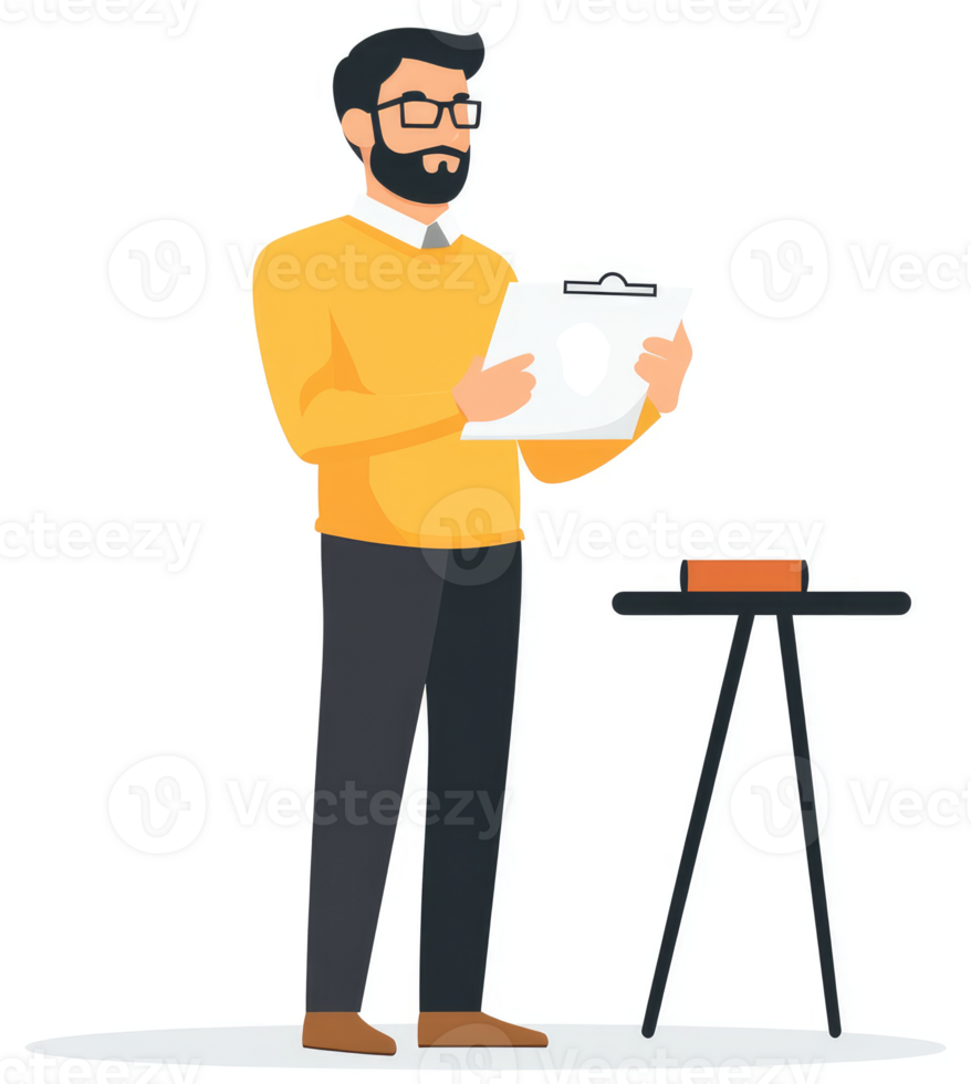 A man in a mustard yellow sweater holding a clipboard with documents. png