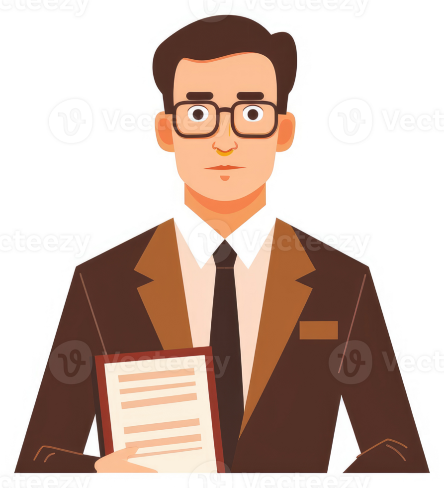 A professional man in a brown suit holding documents. png
