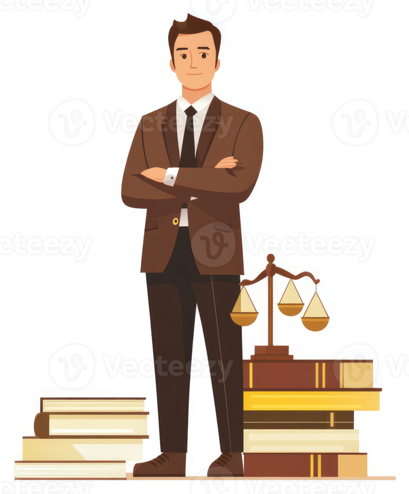 A confident lawyer stands confidently amidst legal texts and scales of justice. png