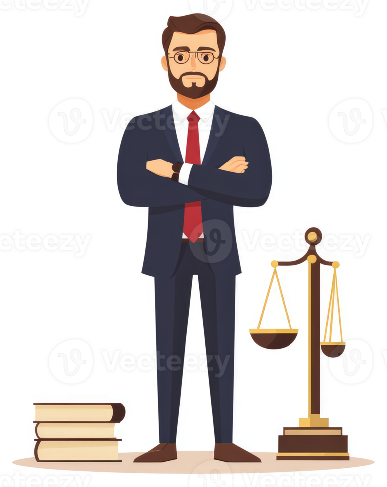 A confident lawyer stands poised, arms crossed, before a balance scale. png