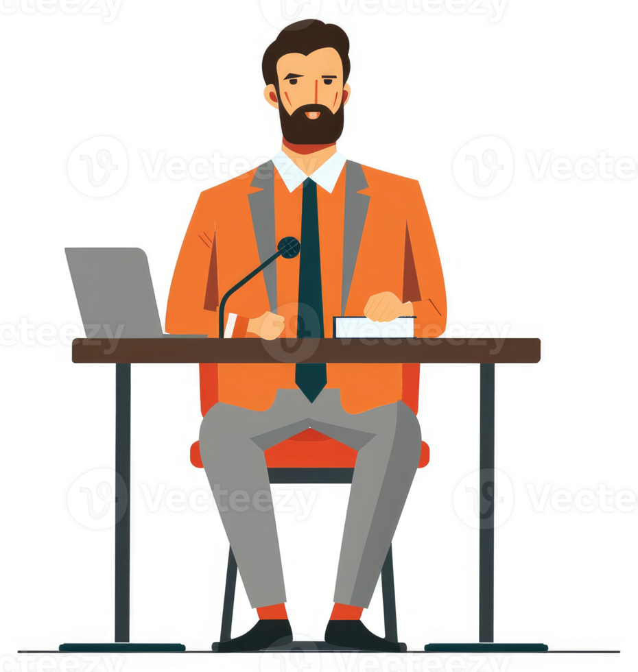 A man in an orange blazer giving a presentation at a table. png