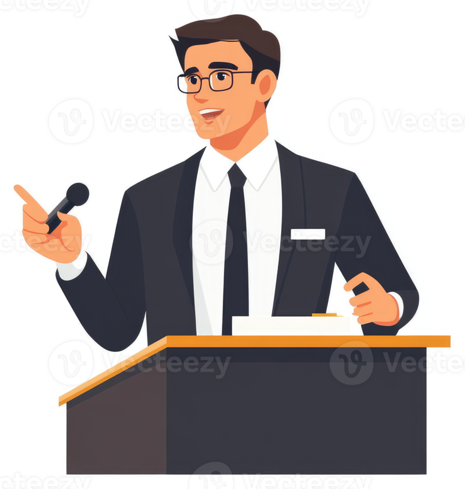 A businessman giving a presentation at a podium. png