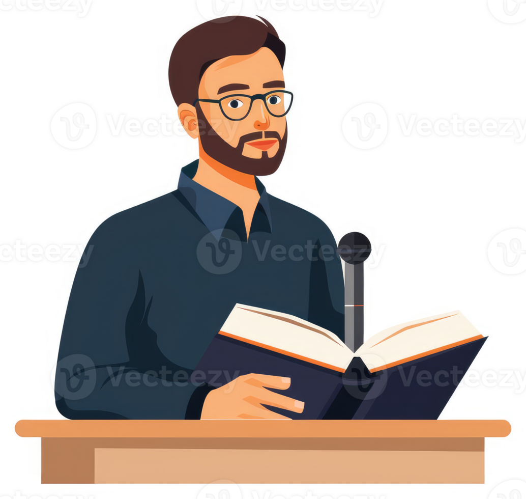 A man seated at a podium, reading a book and holding a microphone. png