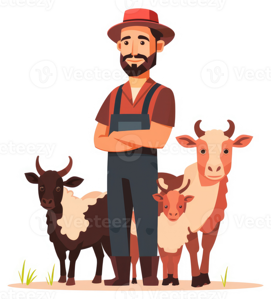 A farmer stands proudly with his animals, ready for a day of work. png