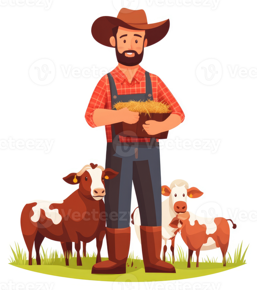 A farmer with hay and cows in a rural setting. png
