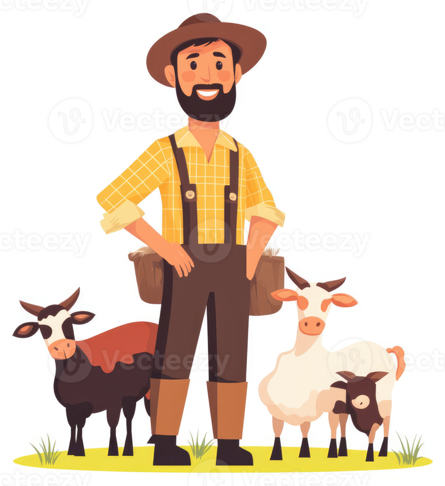 A cheerful farmer stands with his goats in a rural setting. png
