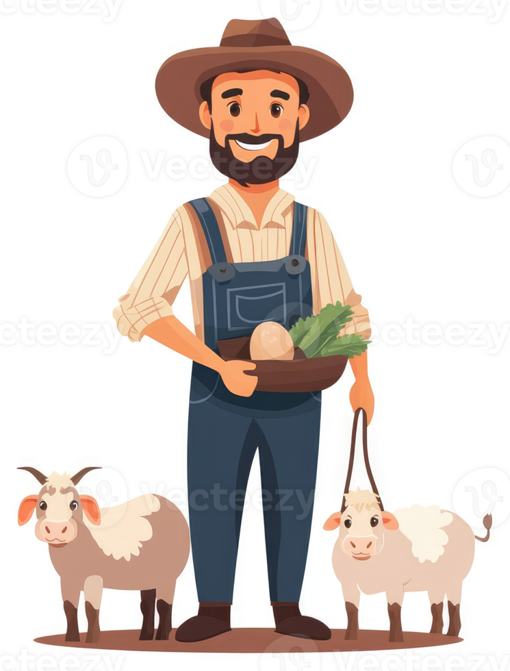 A farmer with vegetables and goats in a heartwarming rural scene. png