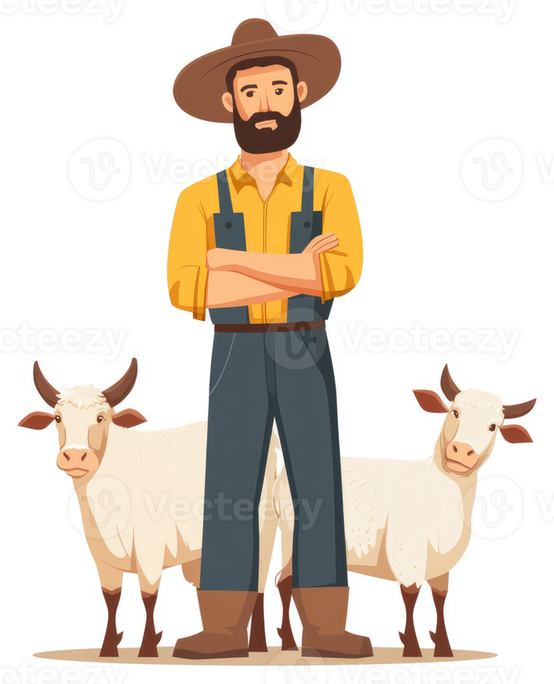 A farmer stands proudly with two white cattle. png