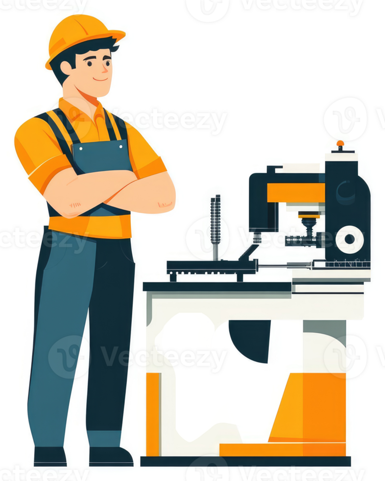 A confident worker stands beside a complex industrial machine. png
