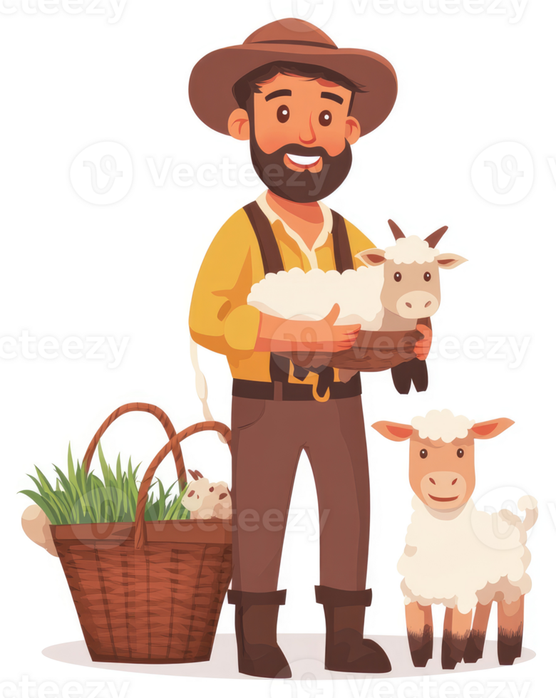 A farmer with a sheep in his hands and a basket of grass. png