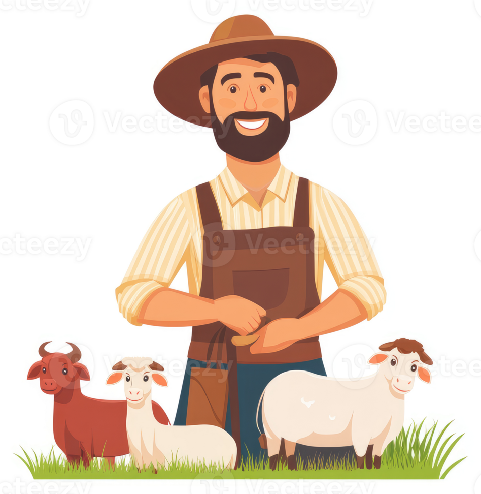 A smiling farmer stands with his animals in a grassy field. png