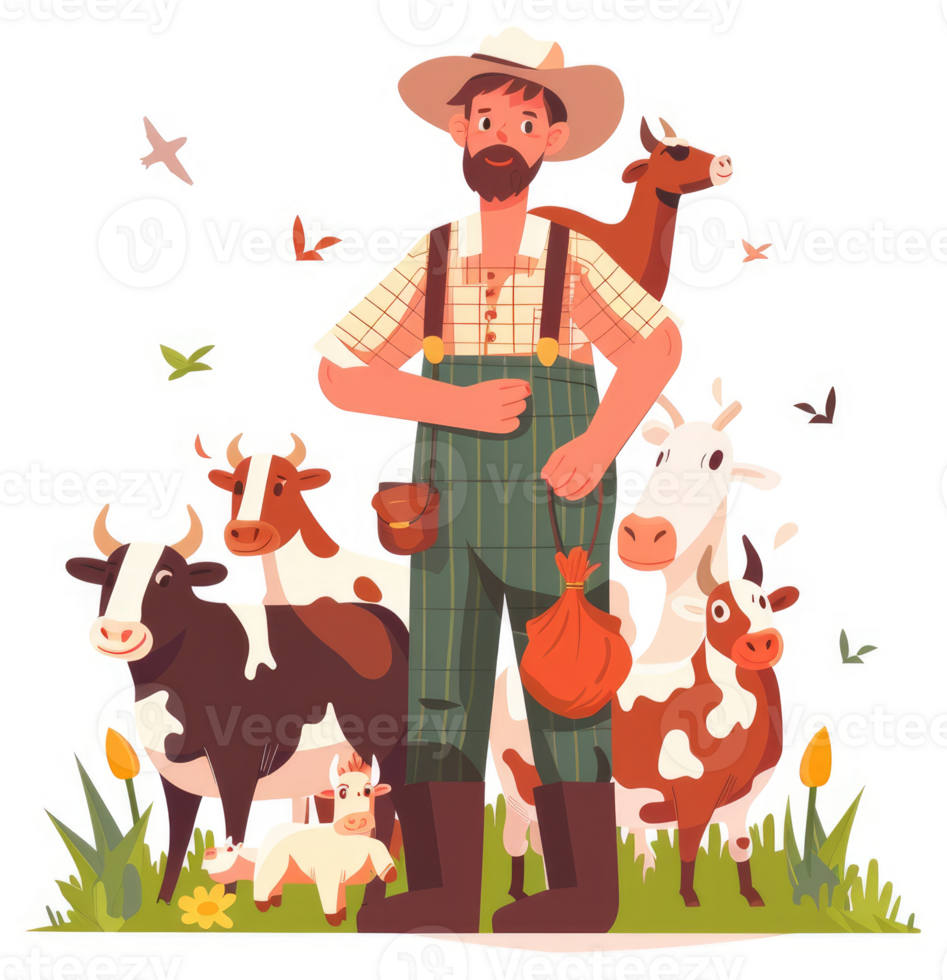 A farmer surrounded by happy cows and goats in a lush green pasture. png