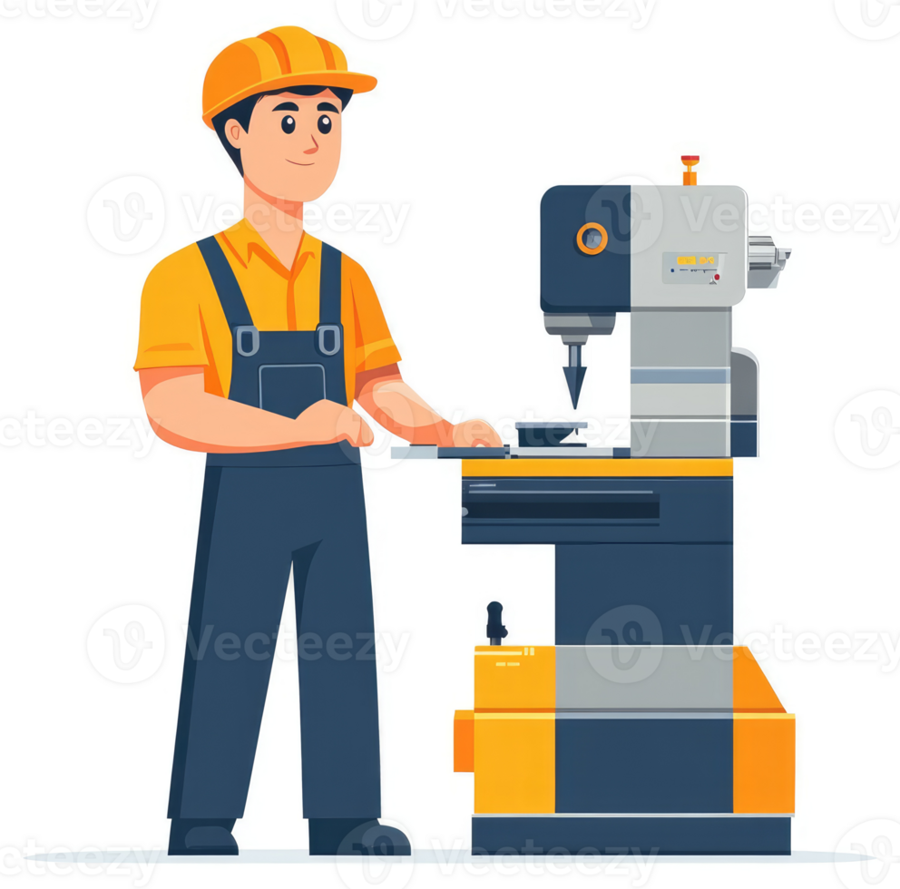 A worker in safety gear operating a metalworking machine. png