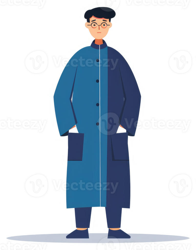 A man in a two-toned blue coat, standing confidently. png