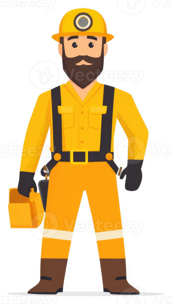 A workman in protective yellow uniform carrying tools. png
