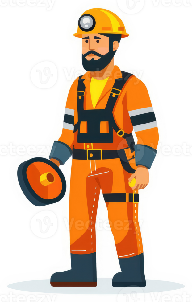 An illustration of a miner in protective gear holding a communication device. png