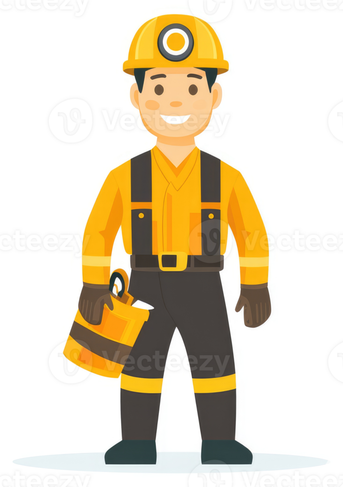 A cheerful cartoon character of a miner in protective yellow workwear. png