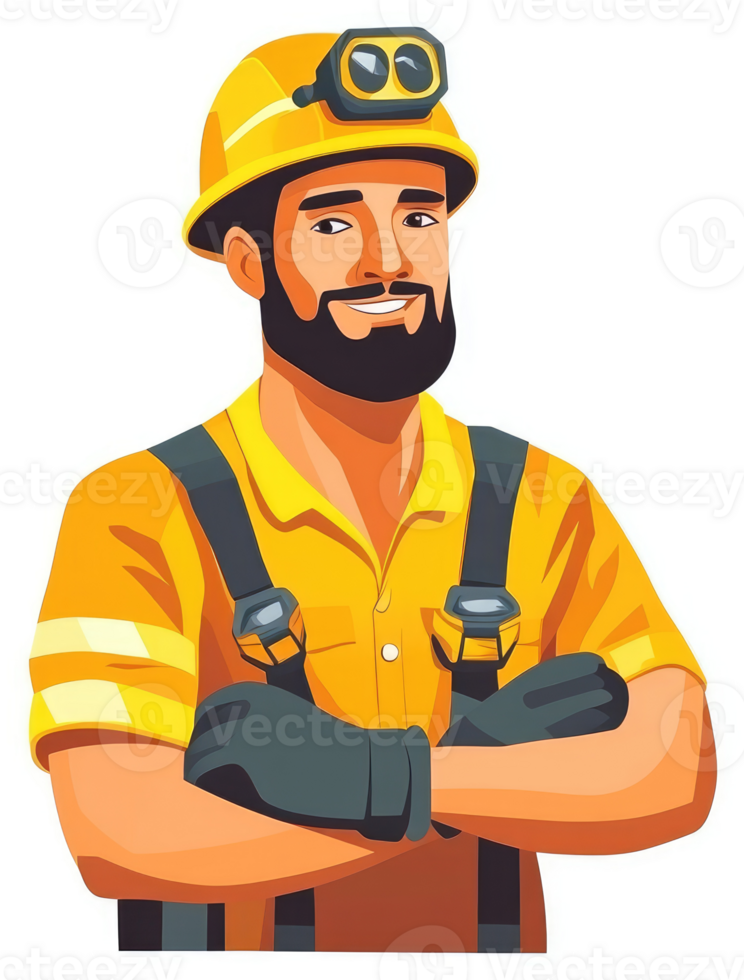 A smiling, bearded worker in a bright yellow uniform and hard hat. png
