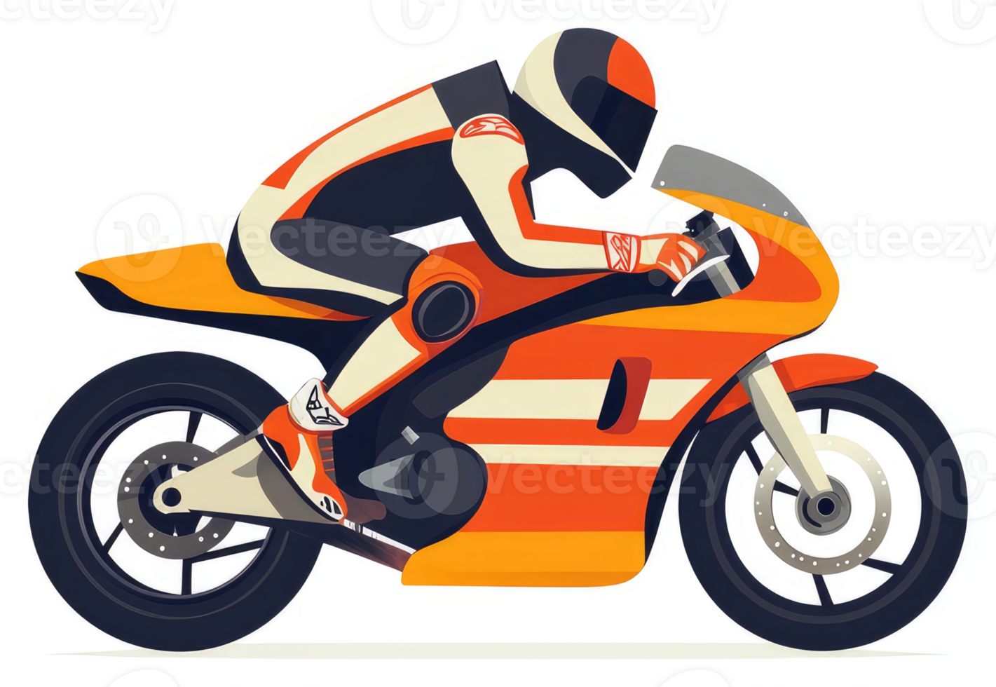 A motorcyclist expertly navigates a vibrant orange and white racing motorcycle. png