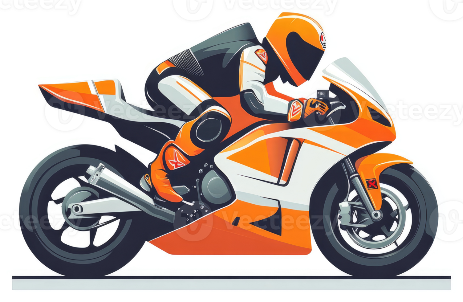A vibrant orange and white racing motorcycle with a rider. png