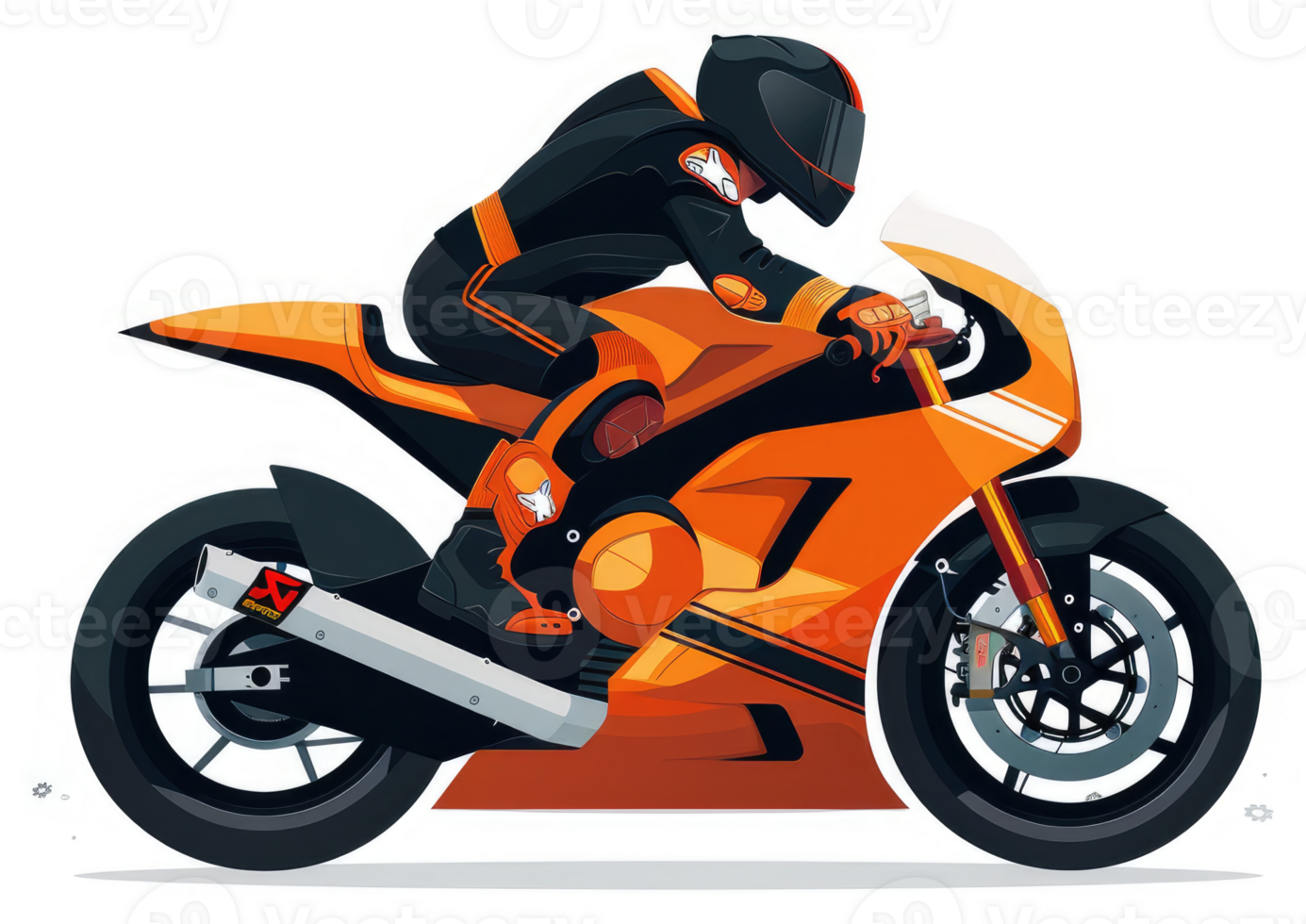 A skilled rider astride a vibrant orange motorcycle. png