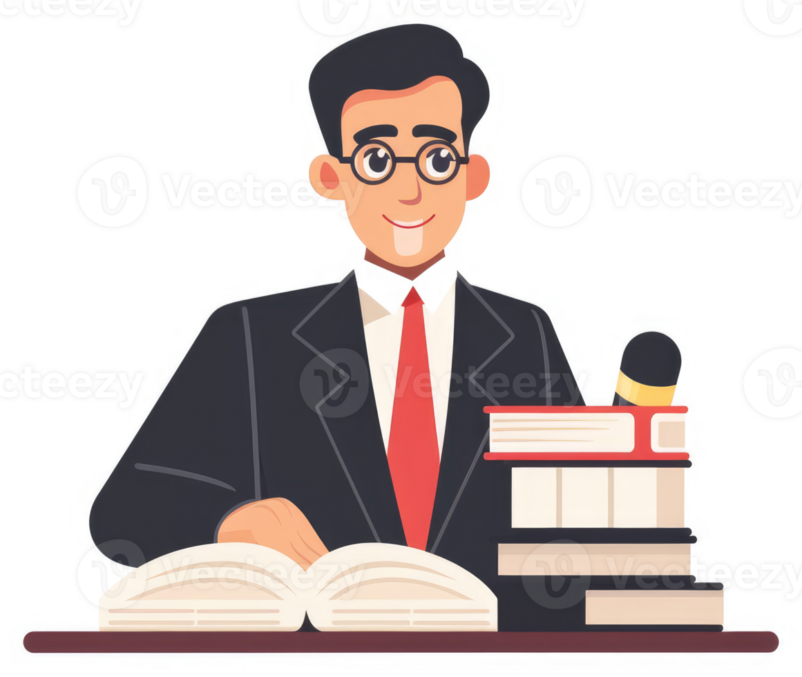 A professional man in a suit, reading a book, and holding a microphone, representing knowledge and authority. png