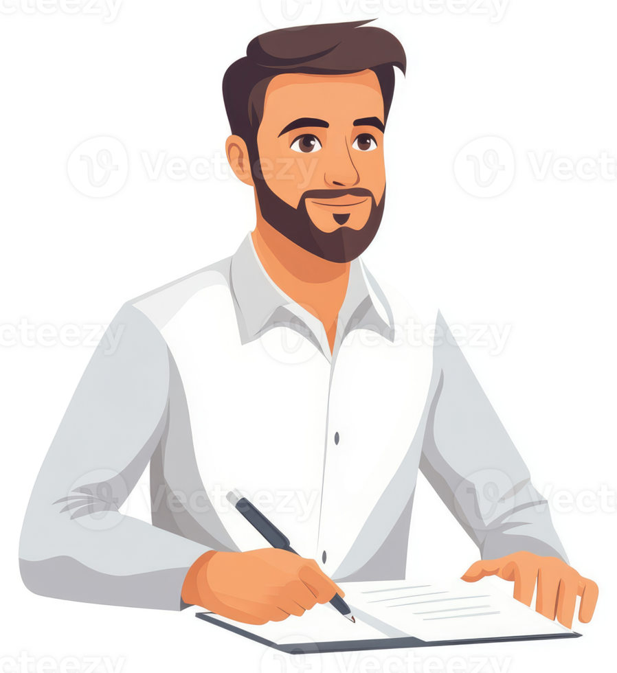 A man in a white shirt writing in a notebook. png