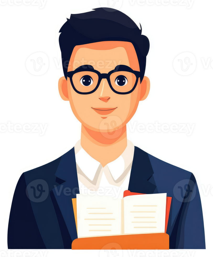 A smiling man in a suit holding a book, representing a knowledgeable and approachable educator. png