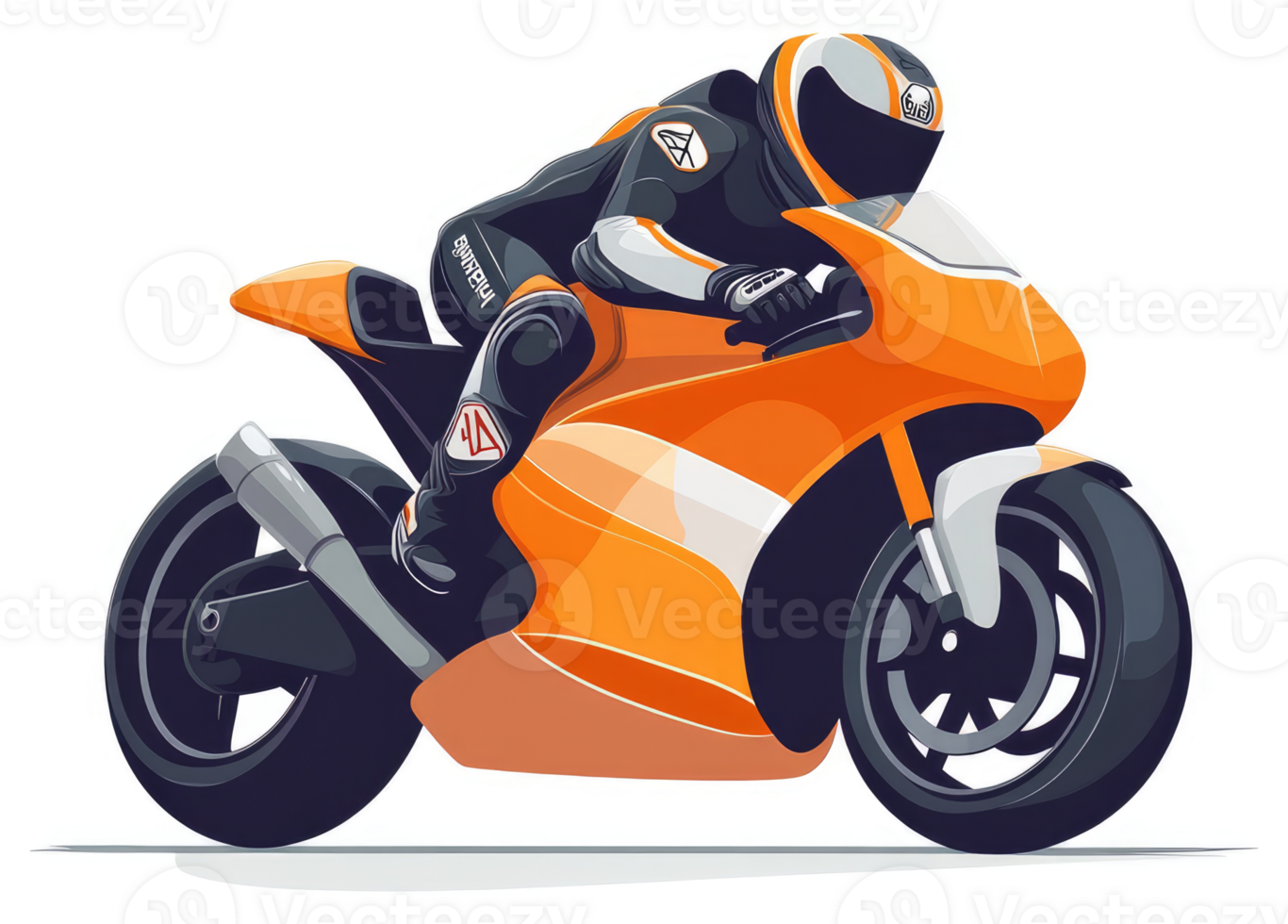 A professional motorcycle racer dominates the track on a sleek, orange sports bike. png