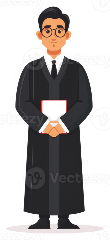 A judge in a formal black robe holding documents. png