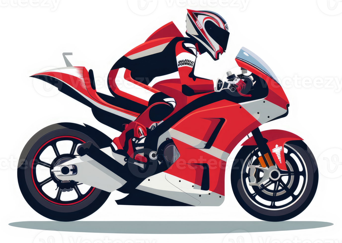 A red and white racing motorcycle with a rider in a sleek racing suit. png